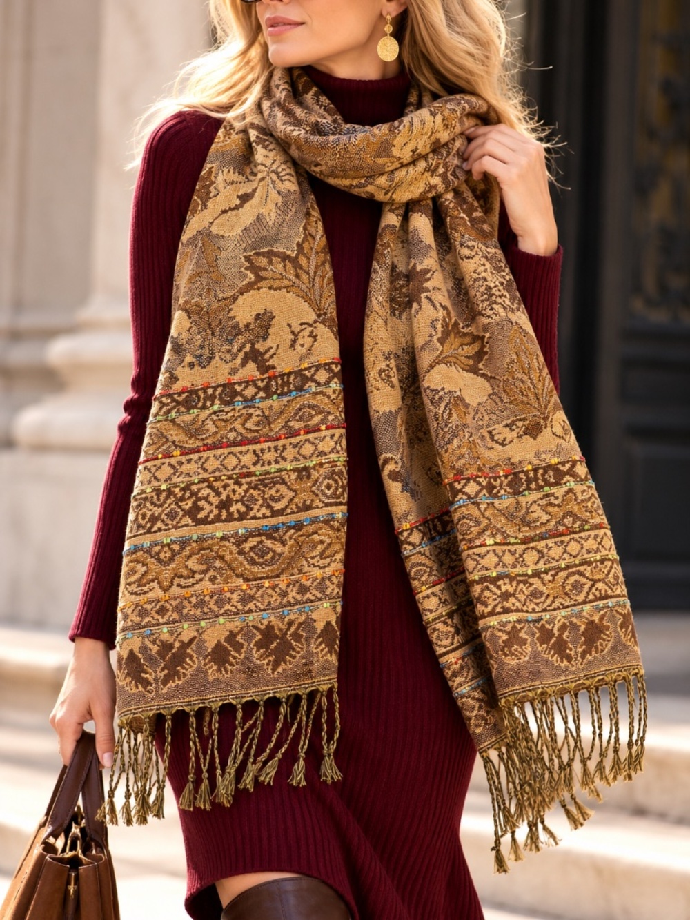 Brown Gold Silk Blend Pashmina Scarf, Woven Paisley Shawl, Multicolor Embroidere